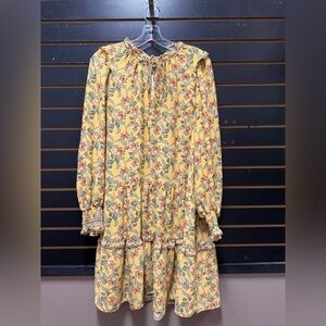 Max Studio Yellow Floral Ruffle Tiered Dress Size L Boho Long Sleeve